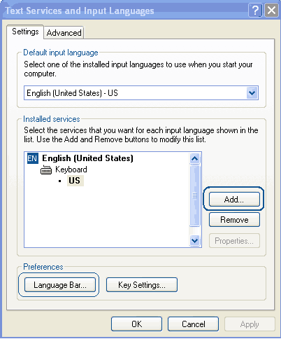 Add Languages Dialog Box in Windows XP